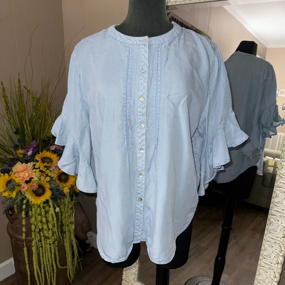 Ruby Rd. • Pinstripe Flutter Sleeve Chambray Blouse - Picture 3 of 11